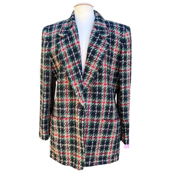 Liz Claiborne Collection Vtg Womens Plaid Tartan Wool Blend Blazer Jacket Sz 12 - Picture 1 of 9